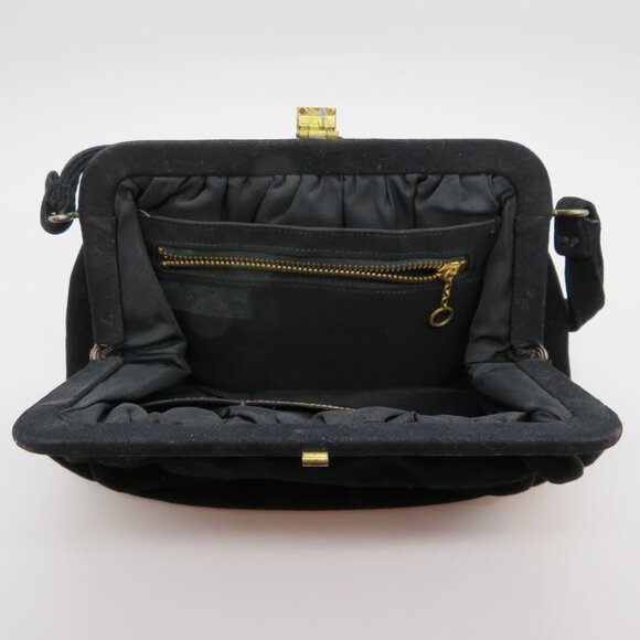 Vintage Handheld Black Suede Velvet Purse Bag Evening Top Handle Gold Clasp - Picture 8 of 12